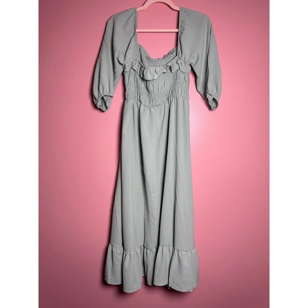 Sage Green Smocked Midi Dress Ruffle Square Neck Cottagecore 3/4 Sleeve M